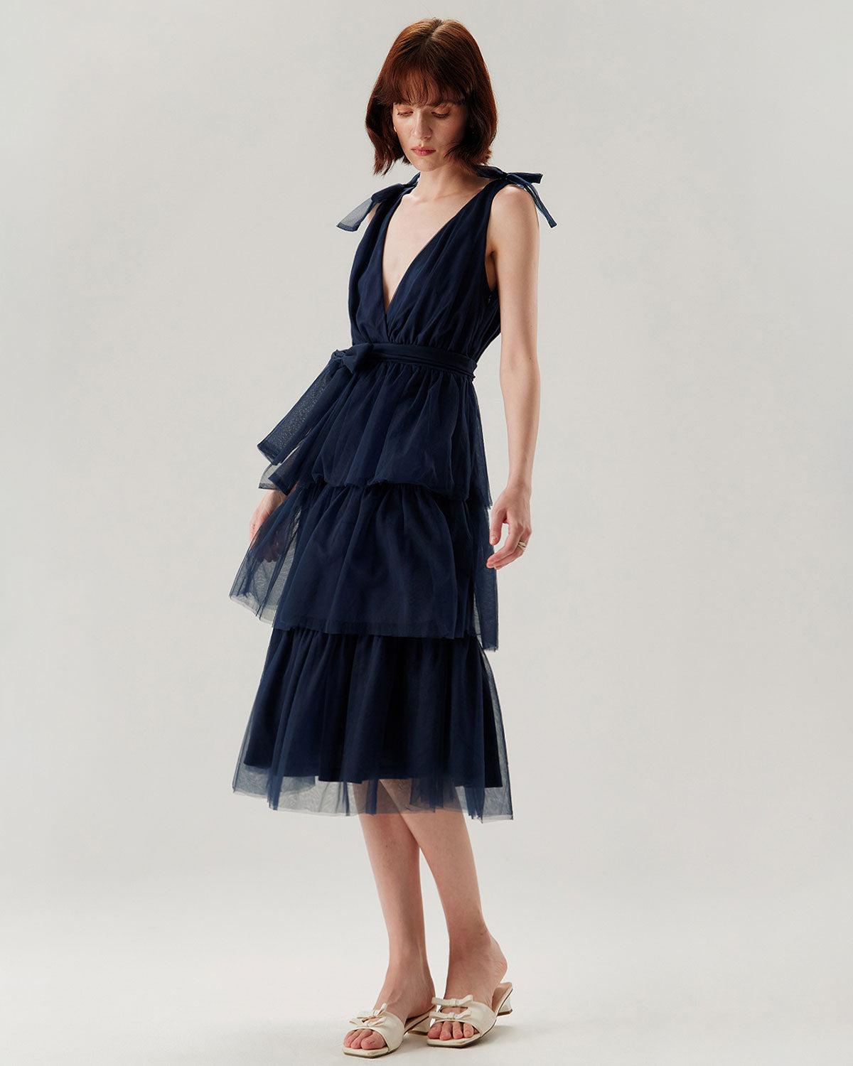 Navy Tiered Backless Maxi Dress Product Image