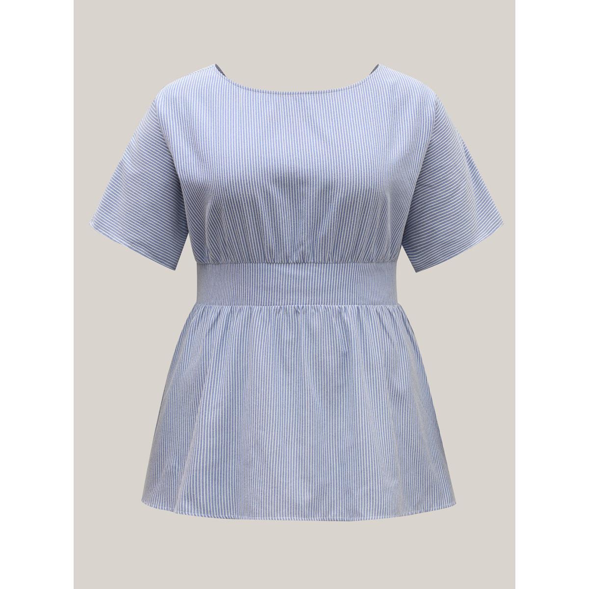 Plus Size LightBlue Backless Bow Tie Stripe Print Cinched Blouse Women Leisure Half Sleeve Boat Neck Casual Blouses BloomChic 26/4X Product Image