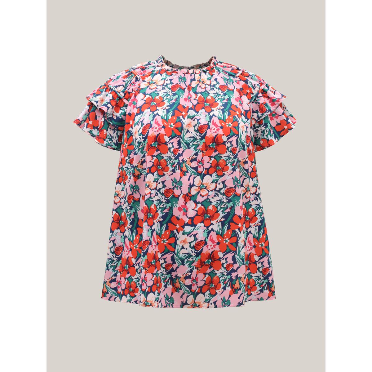Plus Size Multicolor Groovy Floral Print Ruffled Layered Sleeve Blouse Women Leisure Short sleeve Round Neck Casual Blouses BloomChic 26/4X Product Image