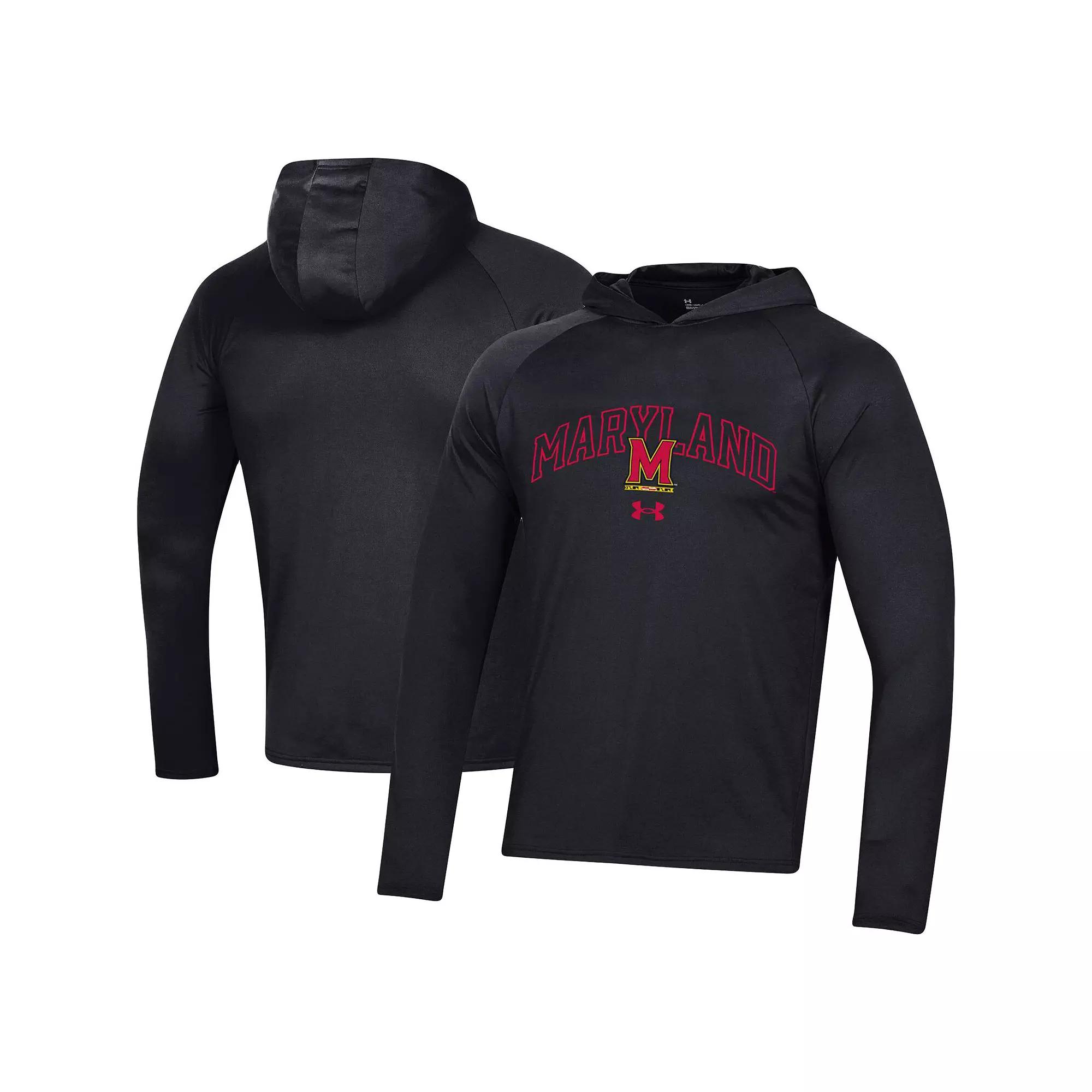 Men's Under Armour Black Maryland Terrapins 2023 Sideline Tech Hooded Raglan Long Sleeve T-Shirt,  Product Image