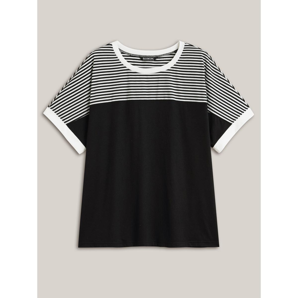 Plus Size Solid and Striped Contrast Hem T-Shirt Black Women Leisure Contrast Round Neck Casual T-shirts BloomChic 30/6X Product Image