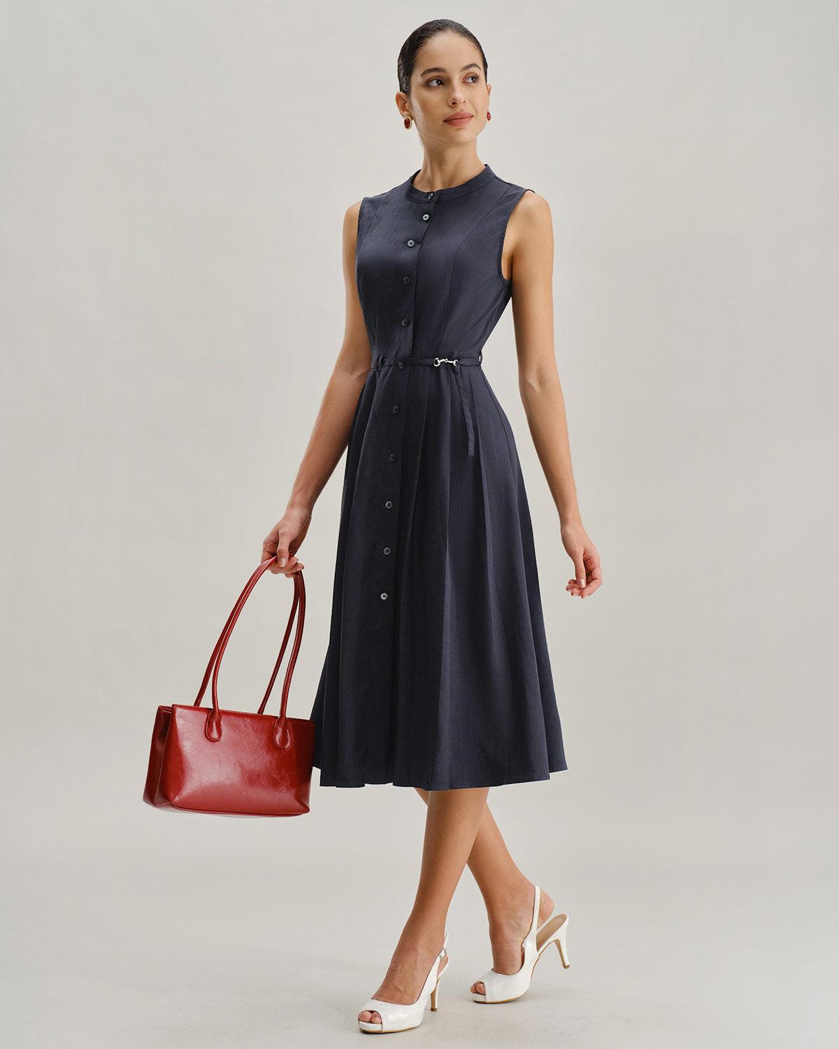 Navy Mock Neck High Waist Midi Dress Product Image