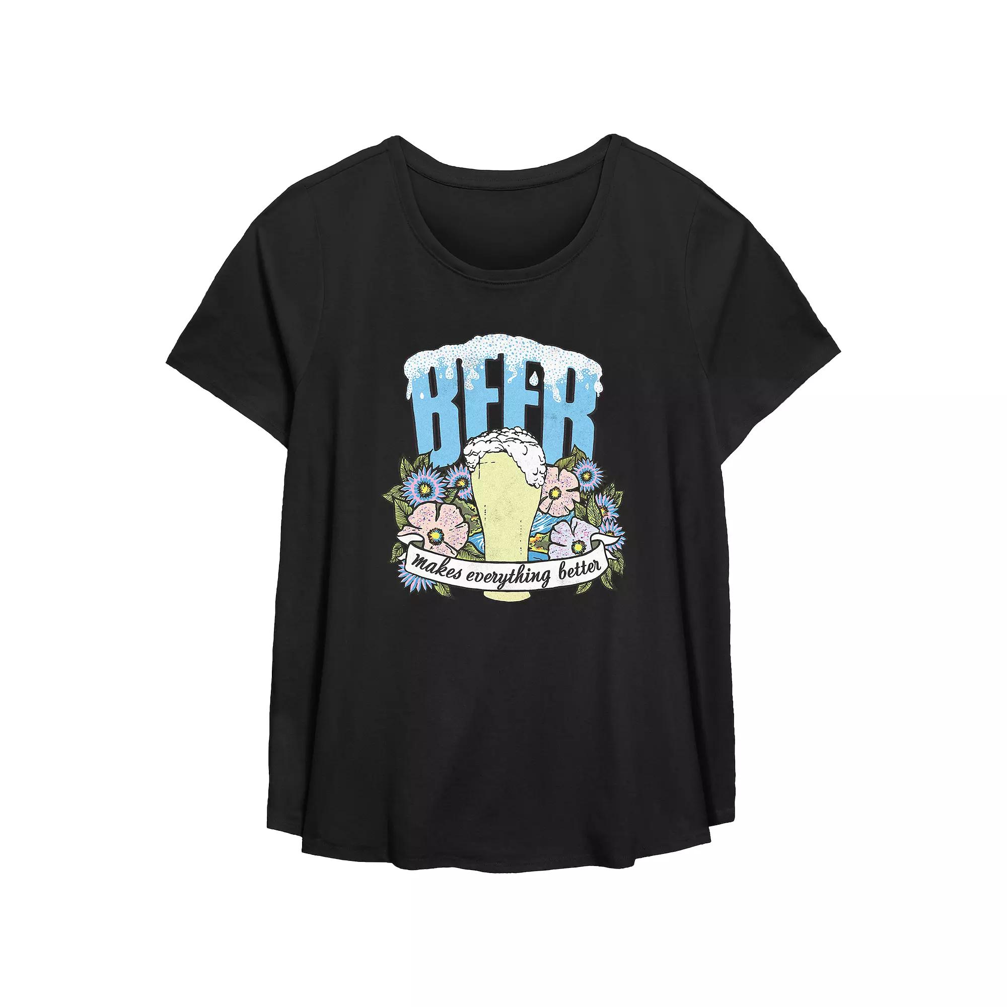 Plus Size Beer Makes Everything Better Scoop Hem Flow Graphic Tee, Women's, Size: 2XL, Grey Gray Product Image