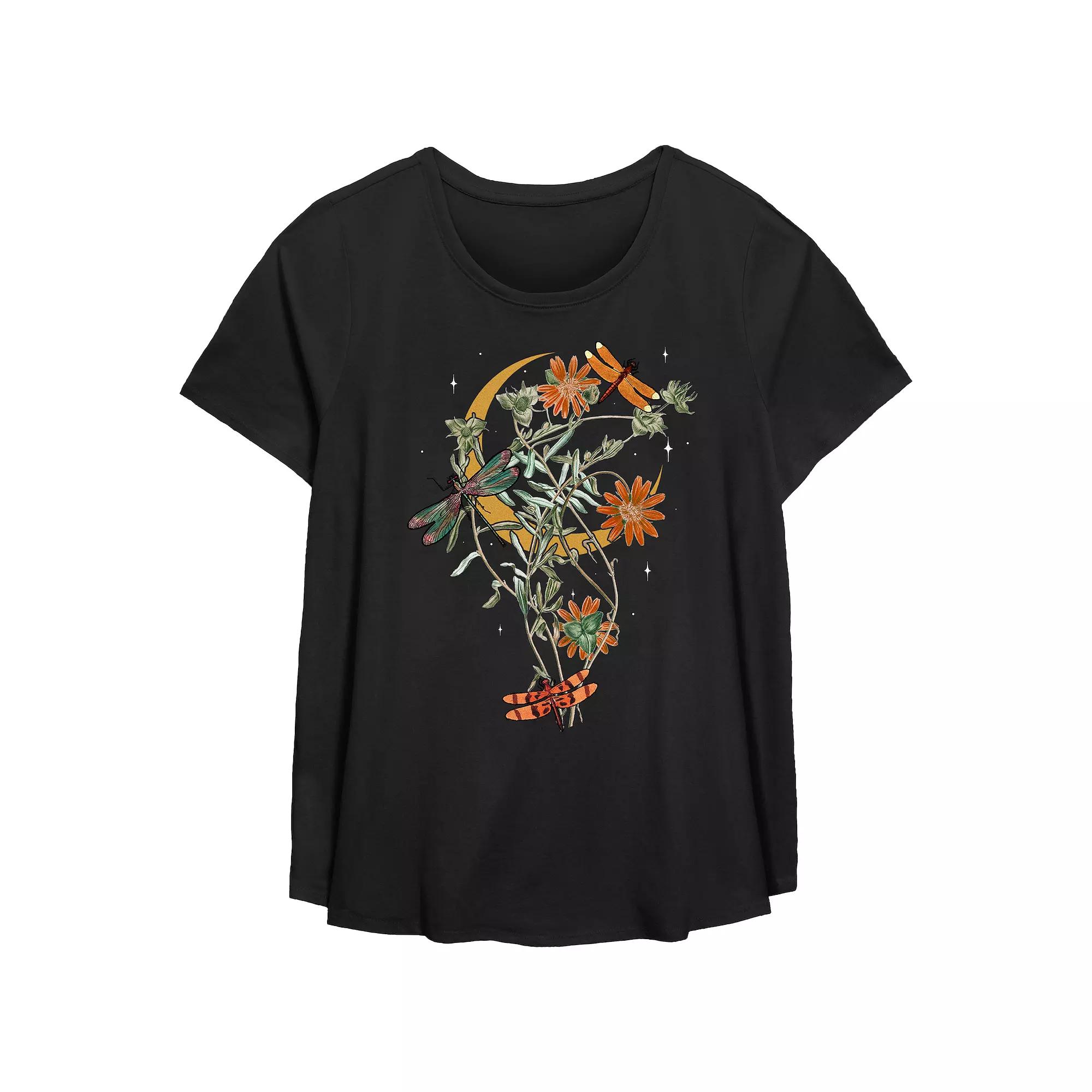 Plus Size Fall Floral Dragonfly Flowy Graphic Tee, Women's, Size: 4XL, Black Product Image