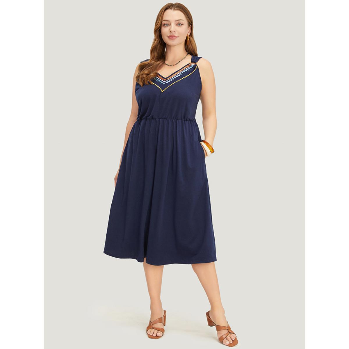 Plus Size Geometric Embroidered Buckle Detail Pocket Ruffle Hem Cami Dress Indigo Women Vacation Embroidered V-neck Sleeveless Curvy Midi Dress BloomChic 18-20/2X Product Image