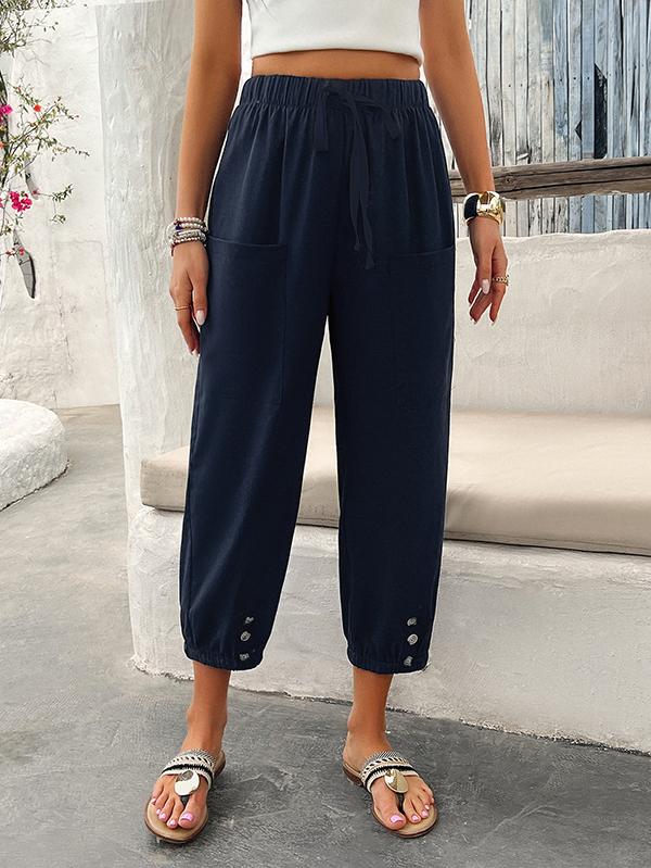 Loose Drawstring Elasticity Pleated Pockets Solid Color Ninth Pants Trousers Product Image