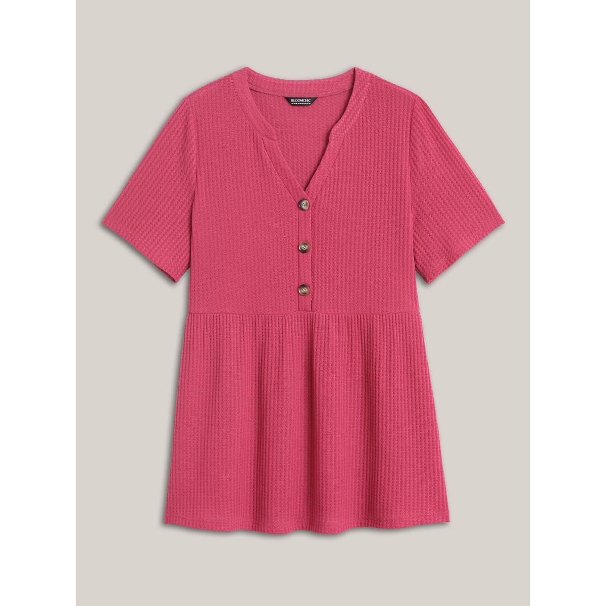 Plus Size Textured Notched Neck Button Plain T-Shirt Peach Women Leisure Texture Notched collar Bodycon Casual T-shirts BloomChic 28/5X Product Image