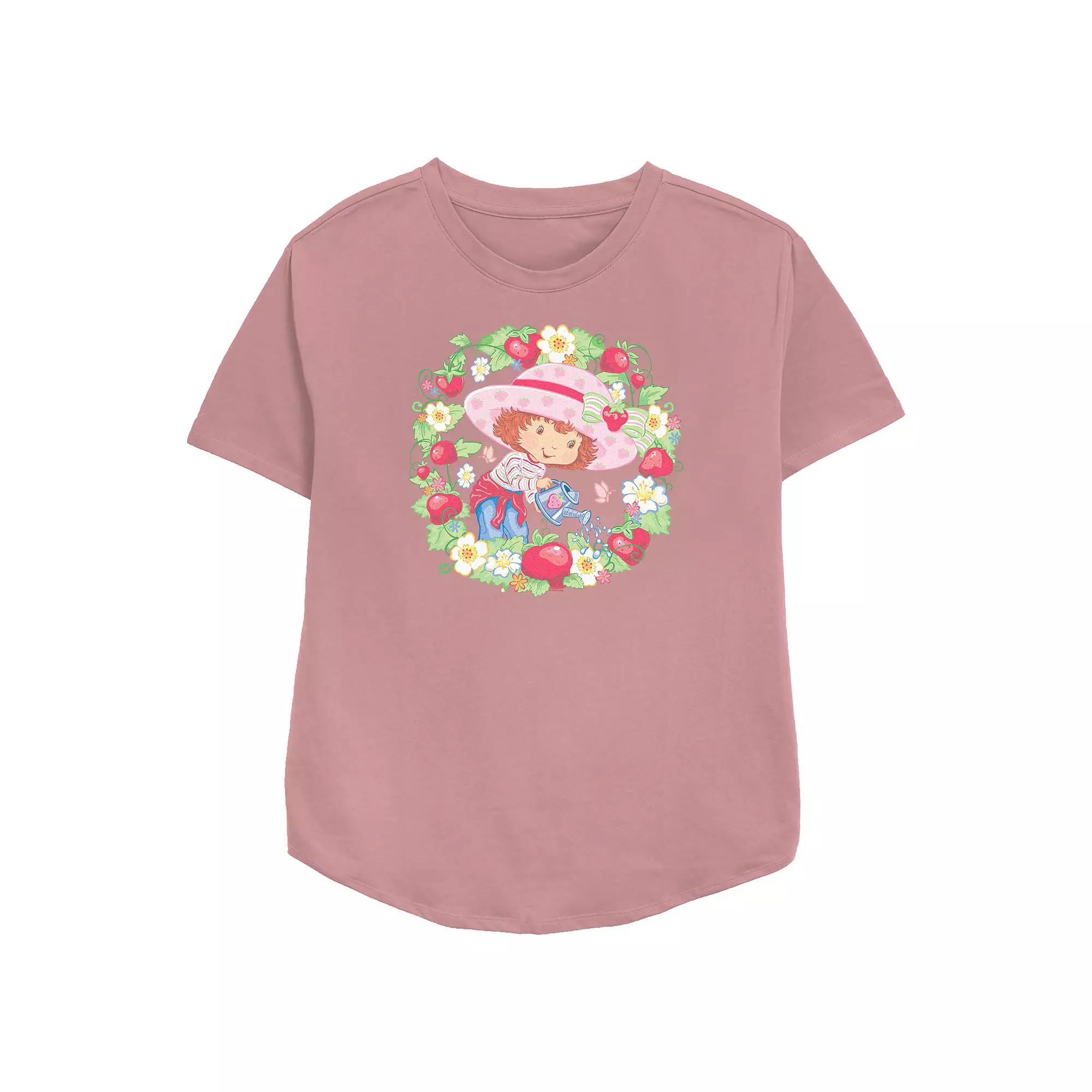 Women's Strawberry Shortcake Flowers And Strawberries Wreath Relaxed Fit Graphic Tee, Size: Medium, Pink Product Image