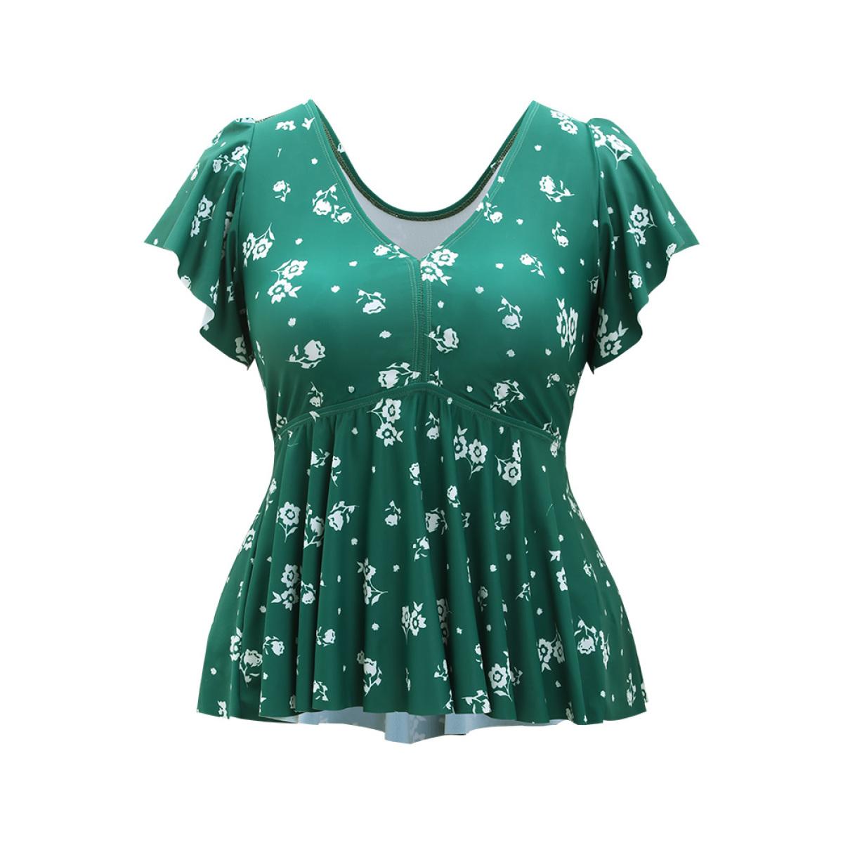 Plus Size Floral Print V Neck Ruffle Sleeve Tankini Top Women's Swimwear Green Vacation A-line High stretch Bodycon V-neck Curve Swim Tops BloomChic 10/M Product Image