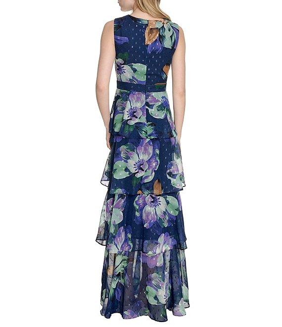 Eliza J V-Neck Sleeveless Floral Print Metallic Clip Dot Chiffon Tiered Maxi Dress Product Image