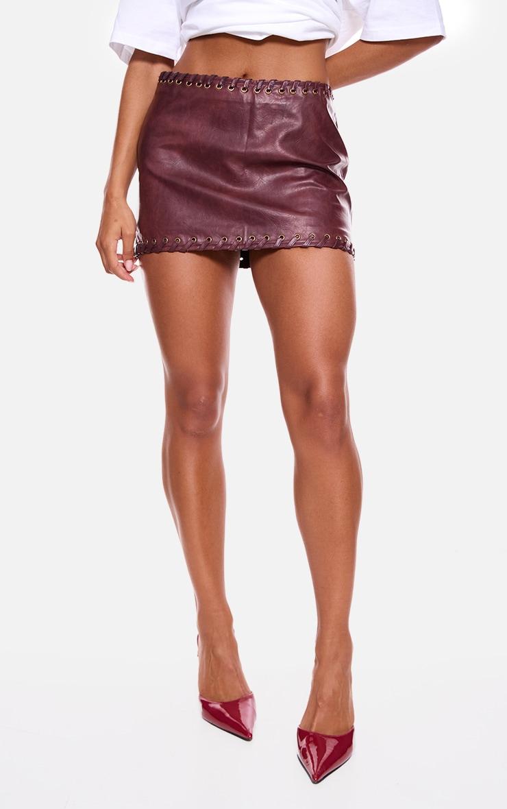 Burgundy Faux Leather Plaited Mini Skirt Product Image