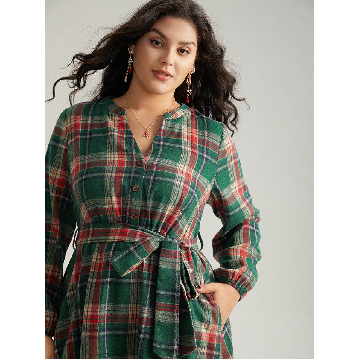 Plus Size Plaid Notched Belted Pocket Curved Hem Dress Emerald Women Office Elastic cuffs Notched collar Long Sleeve Curvy Midi Dress BloomChic 18-20/2X Product Image