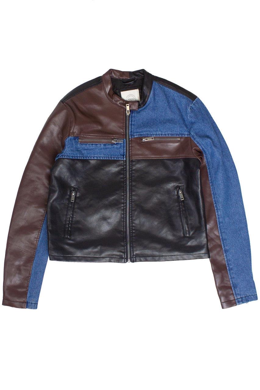 Pleather & Denim Color Block Moto Jacket Product Image