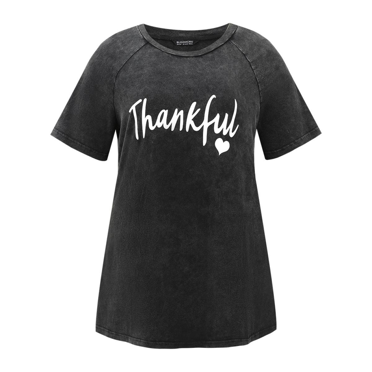 Plus Size Vintage Letter Print Round Neck Raglan Sleeve T-shirt Black Women Casual Printed Positive slogan Festival-Christmas T-shirts BloomChic 12/L Product Image