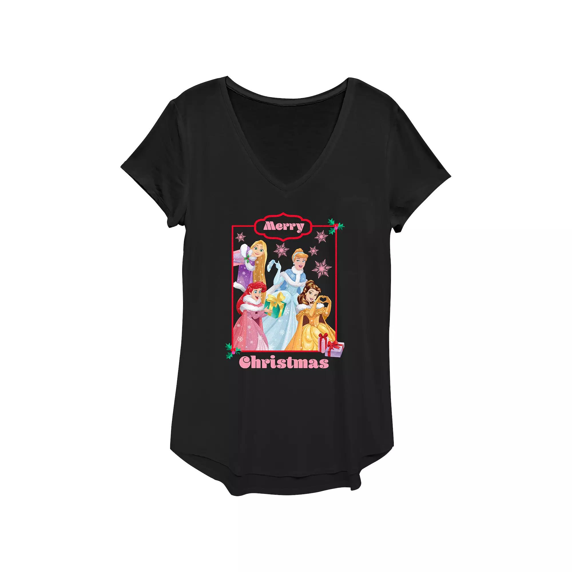 Disney Princess Rapunzel, Cinderella, Ariel & Belle Merry Christmas Women's Graphic Tee,  Product Image