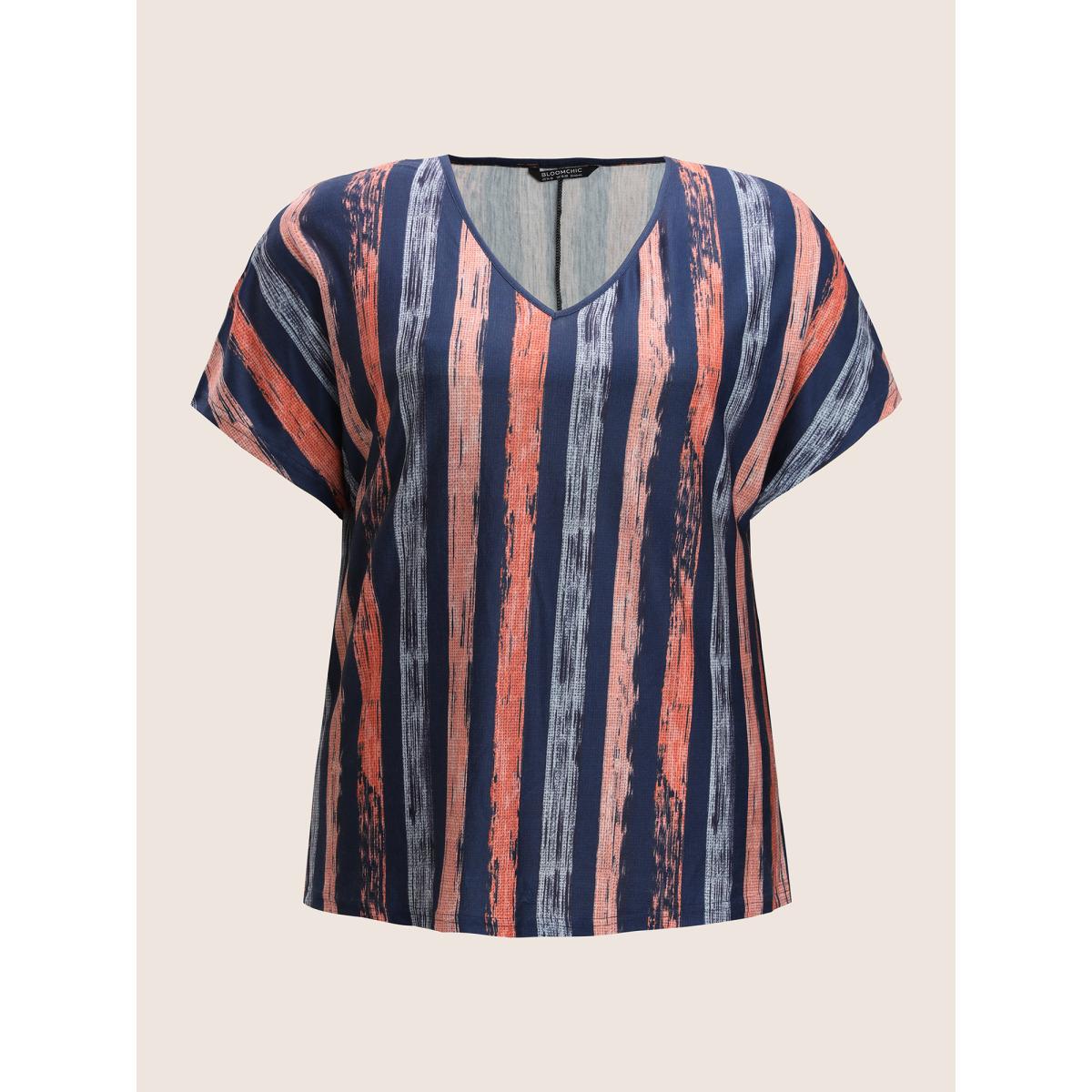Plus Size Striped Contrast Dolman Sleeve V Neck T-shirt OrangeRed Women Casual Striped V-neck Everyday T-shirts BloomChic 26/4X Product Image