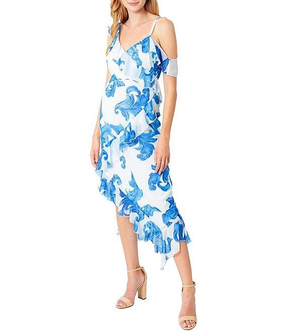 Sam Edelman Swirl Print V Neck Sleeveless Ruffle Asymmetrical Hem Slip Midi Dress Product Image