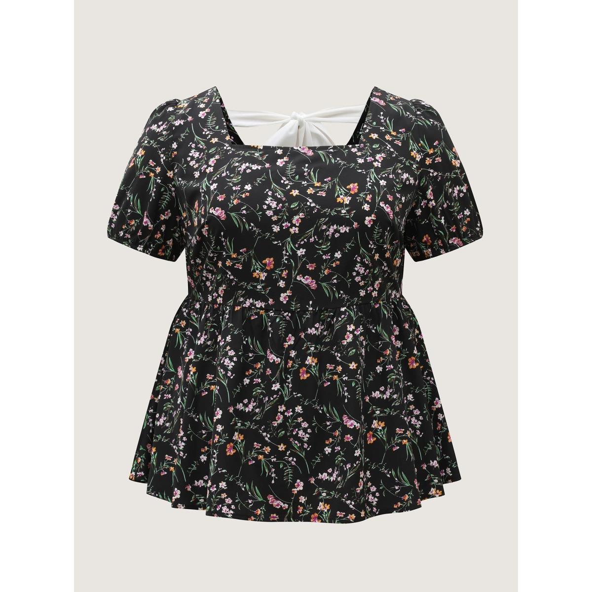 Plus Size Black Floral Print Bow Back Detail Blouse Women Timeless Short sleeve Square Neck Elegant Blouses BloomChic 10/M Product Image