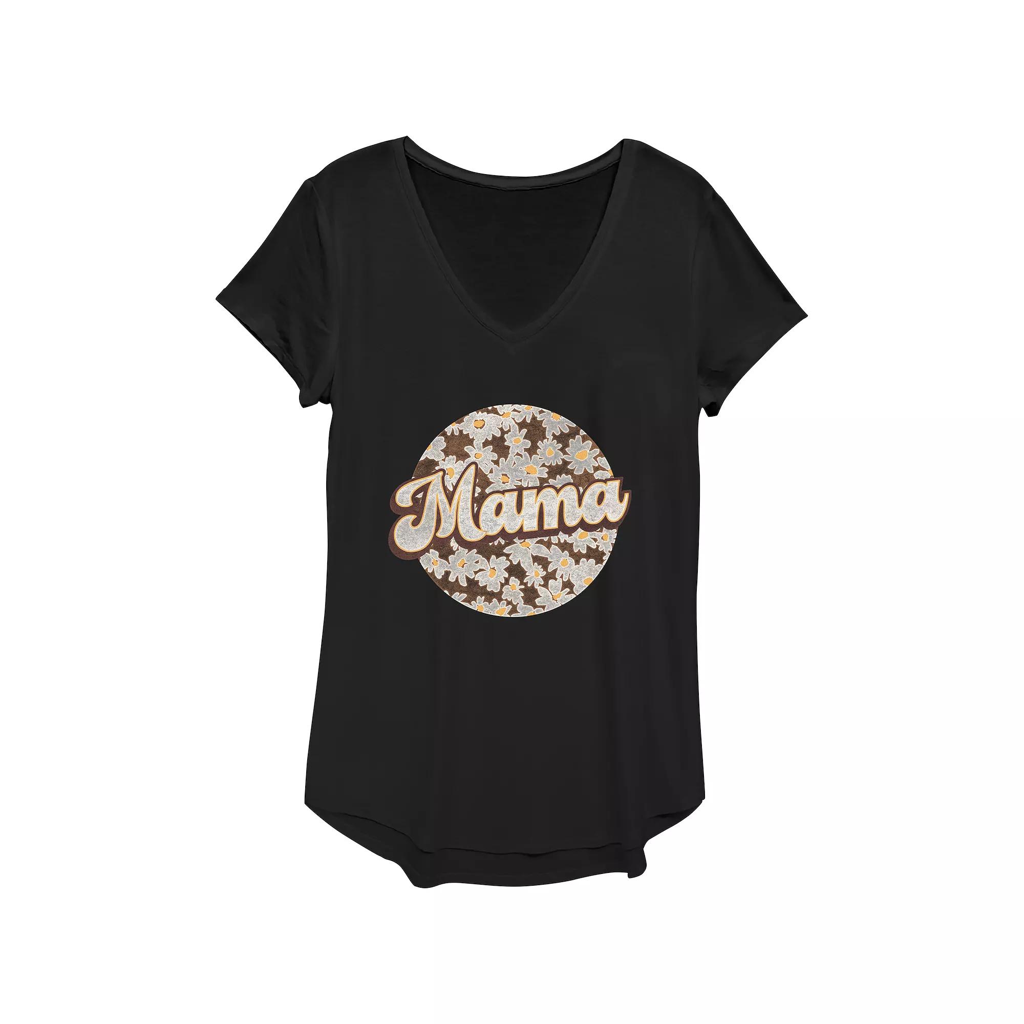 Women's Mama Flower Print V-Neck Graphic Tee, Size: XS, Black Product Image