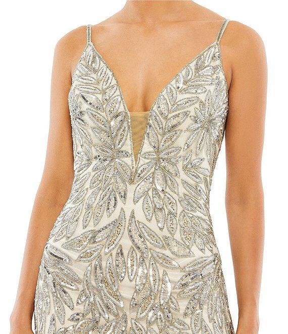 Mac Duggal Sequin V-Neck Floral Leaves Spaghetti Strap Scoop Back Detail Gown Product Image