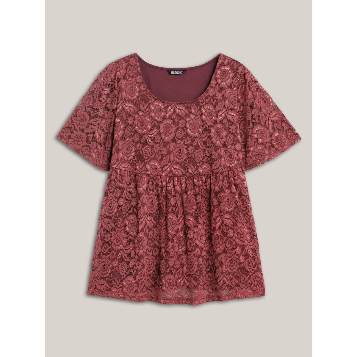 Plus Size Lace Round Neck Babydoll Top Russet Women Casual Gathered Round Neck Bodycon Everyday T-shirts BloomChic 12/L Product Image