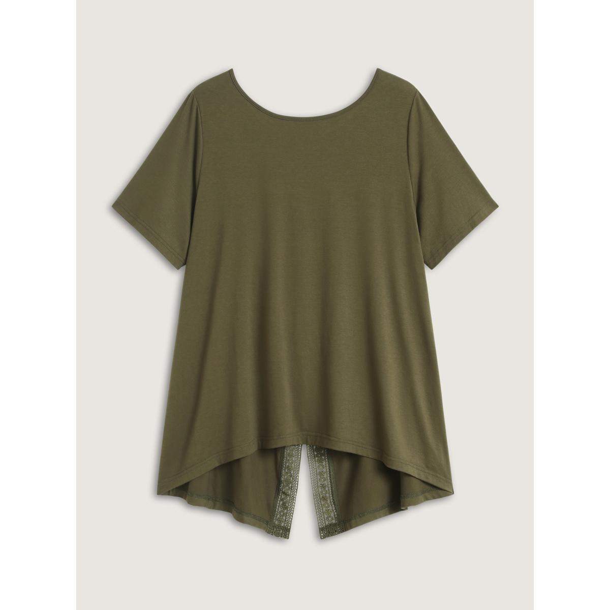 Plus Size Split Lace Back Solid T-Shirt ArmyGreen Women Woven ribbon&lace trim Round Neck Everyday-Casual T-shirts BloomChic 12/L Product Image