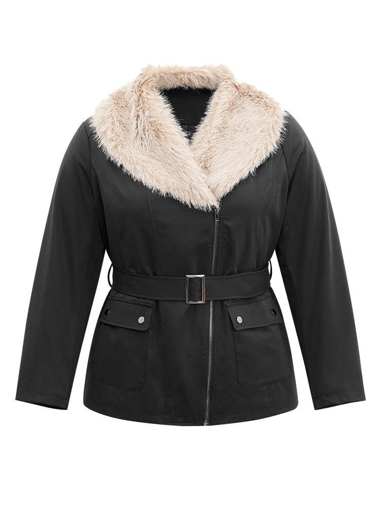 Fuzzy Trim Patchwork Zipper Belted Lapel Collar Coat Female Product Image