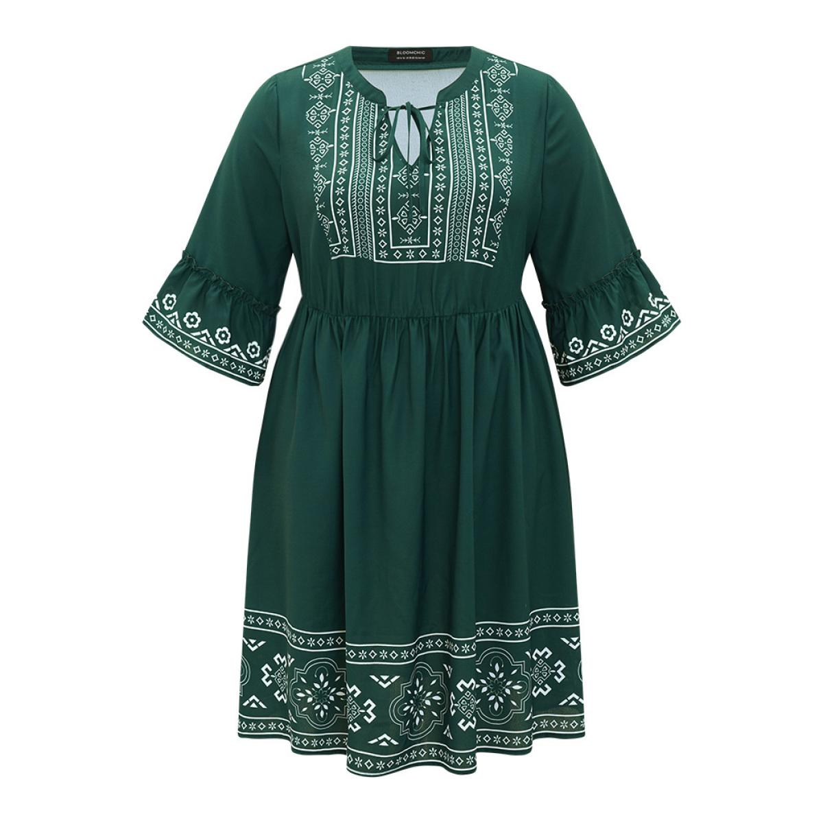 Plus Size Bandana Print Knot Neck Frill Trim Bell Sleeve Dress DarkGreen Women Vacation Cross straps Notched collar Half Sleeve Curvy Midi Dress BloomChic 28/5X Product Image
