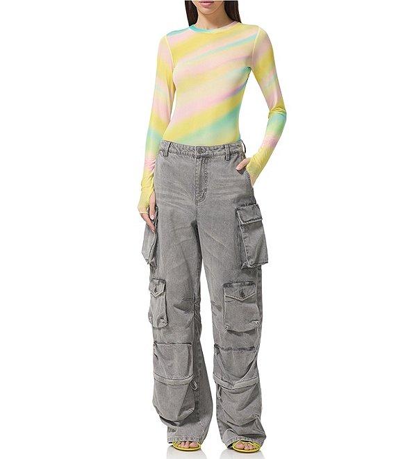 AFRM Kaylee Rainbow Print Crew Neck Long Sleeve Mesh Top Product Image