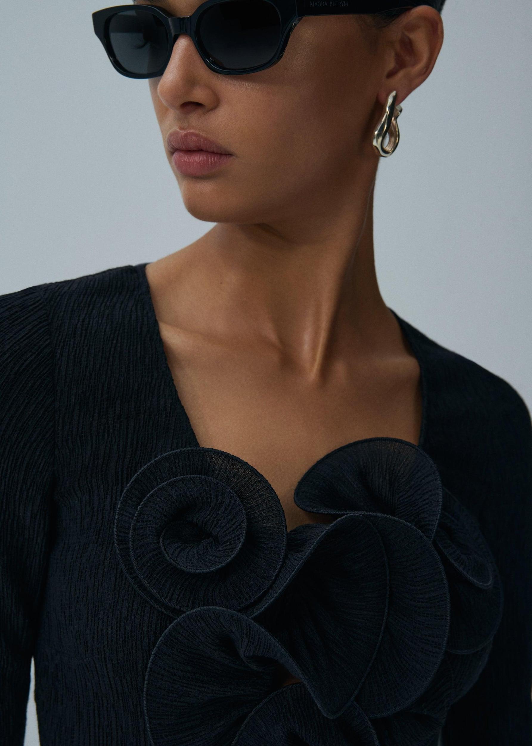 Long sleeve crepe beach mini dress in black Product Image