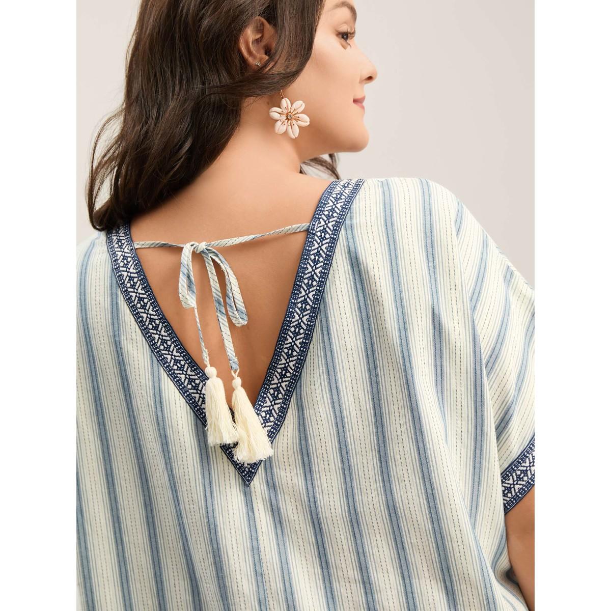 Plus Size Pure Cotton Stripe Print Pockets Midi Dress Ivory Women Resort V-neck Short sleeve Curvy BloomChic 26/4X Product Image