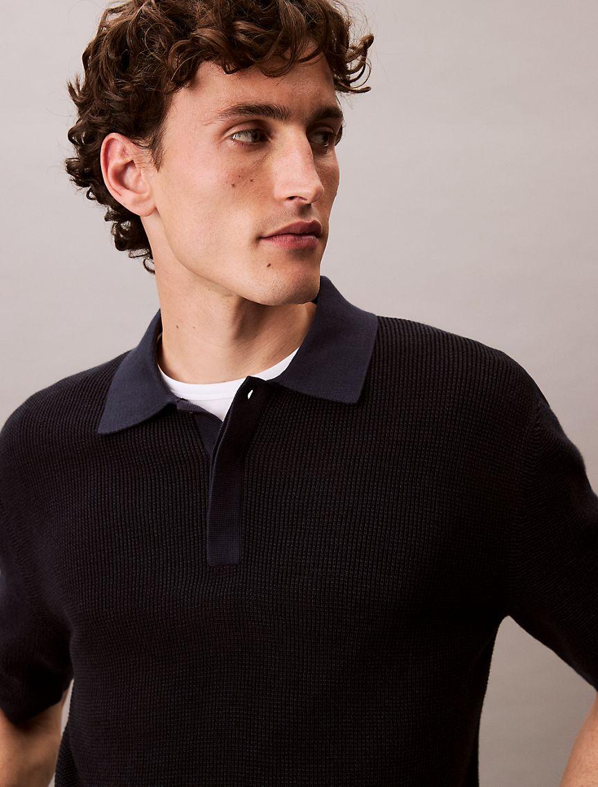 Smooth Cotton Waffle Sweater Polo Shirt Product Image