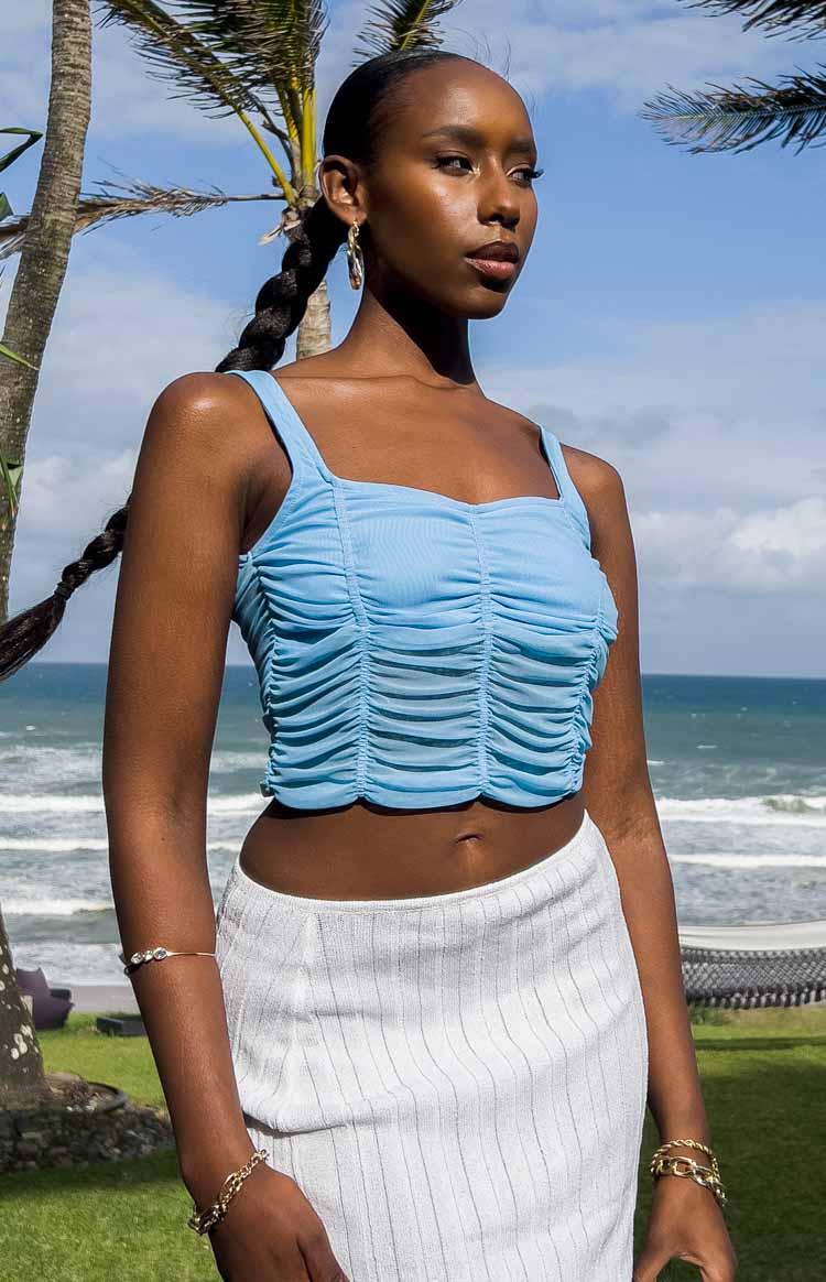 Dava Blue Mesh Ruched Top Product Image