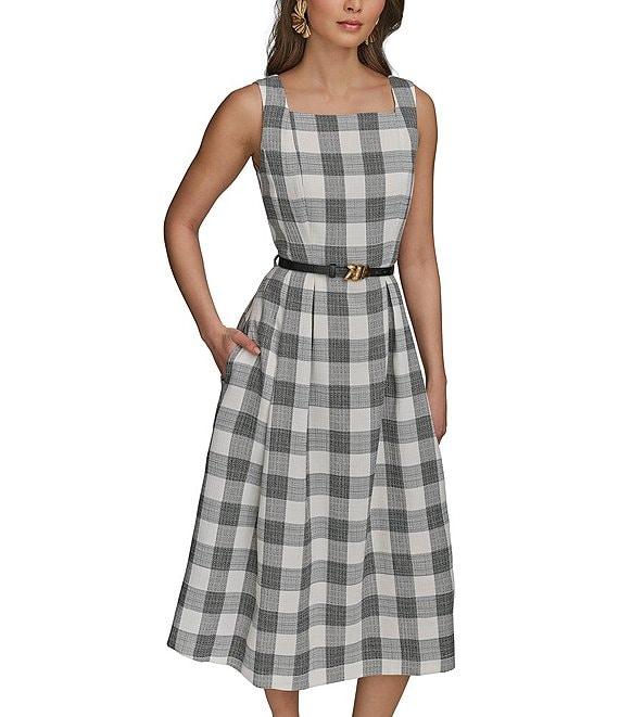 Donna Karan Gingham Tweed Square Neck A-Line Midi Dress Product Image