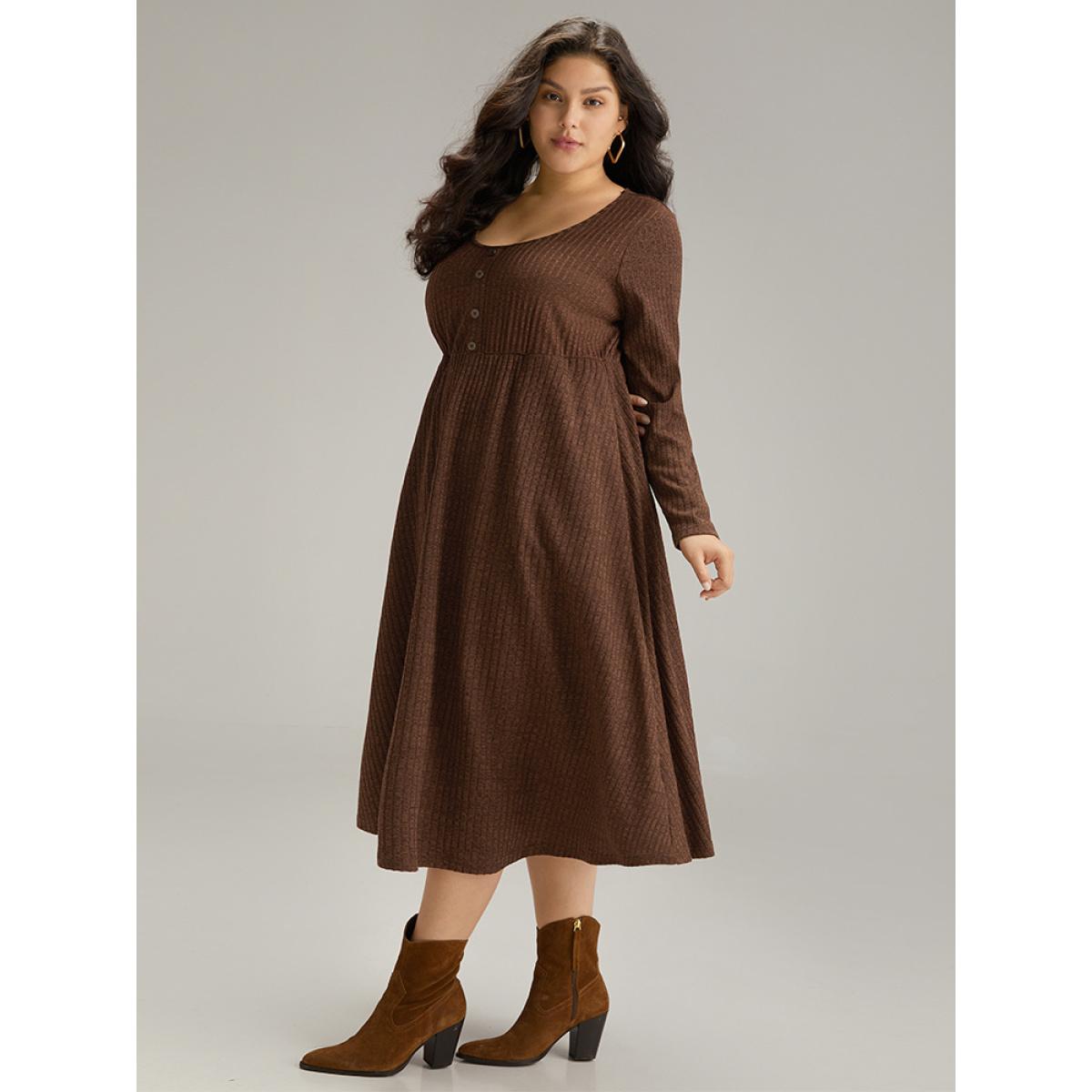 Plus Size Rib Knit Button Detail Gathered Dress DarkBrown Women Casual Texture Round Neck Long Sleeve Curvy Midi Dress BloomChic 12/L Product Image