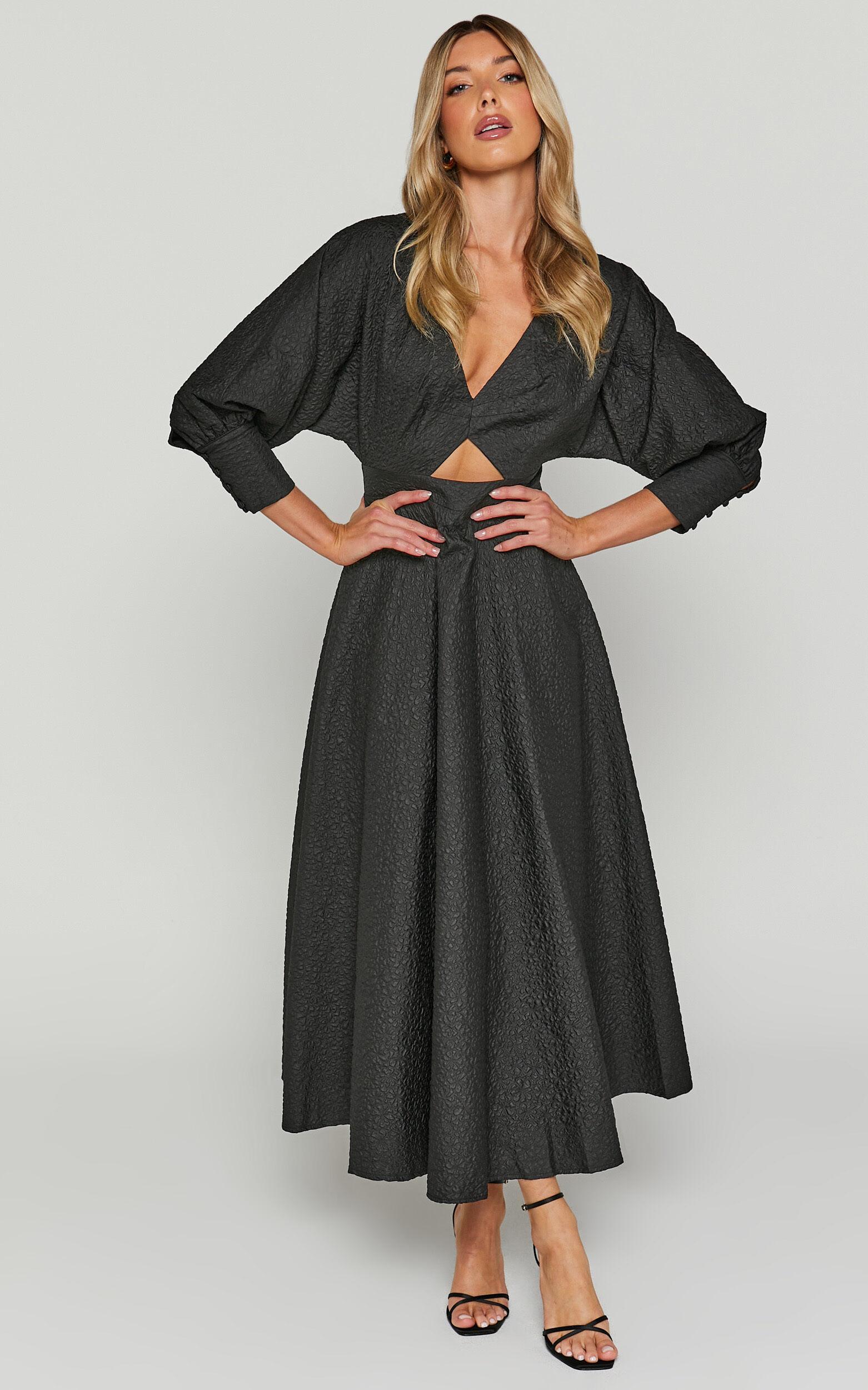 Ashtina Midi Dress - V Neck Cut Out Puff Sleeve Dress in Black Product Image
