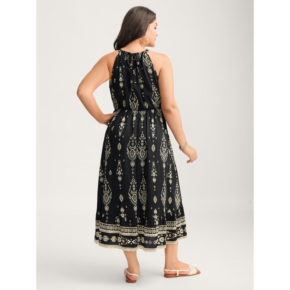 Plus Size Boho Print Halter Neck Pockets Midi Dress Black Women Non Halter neck Sleeveless Curvy BloomChic 12/L Product Image