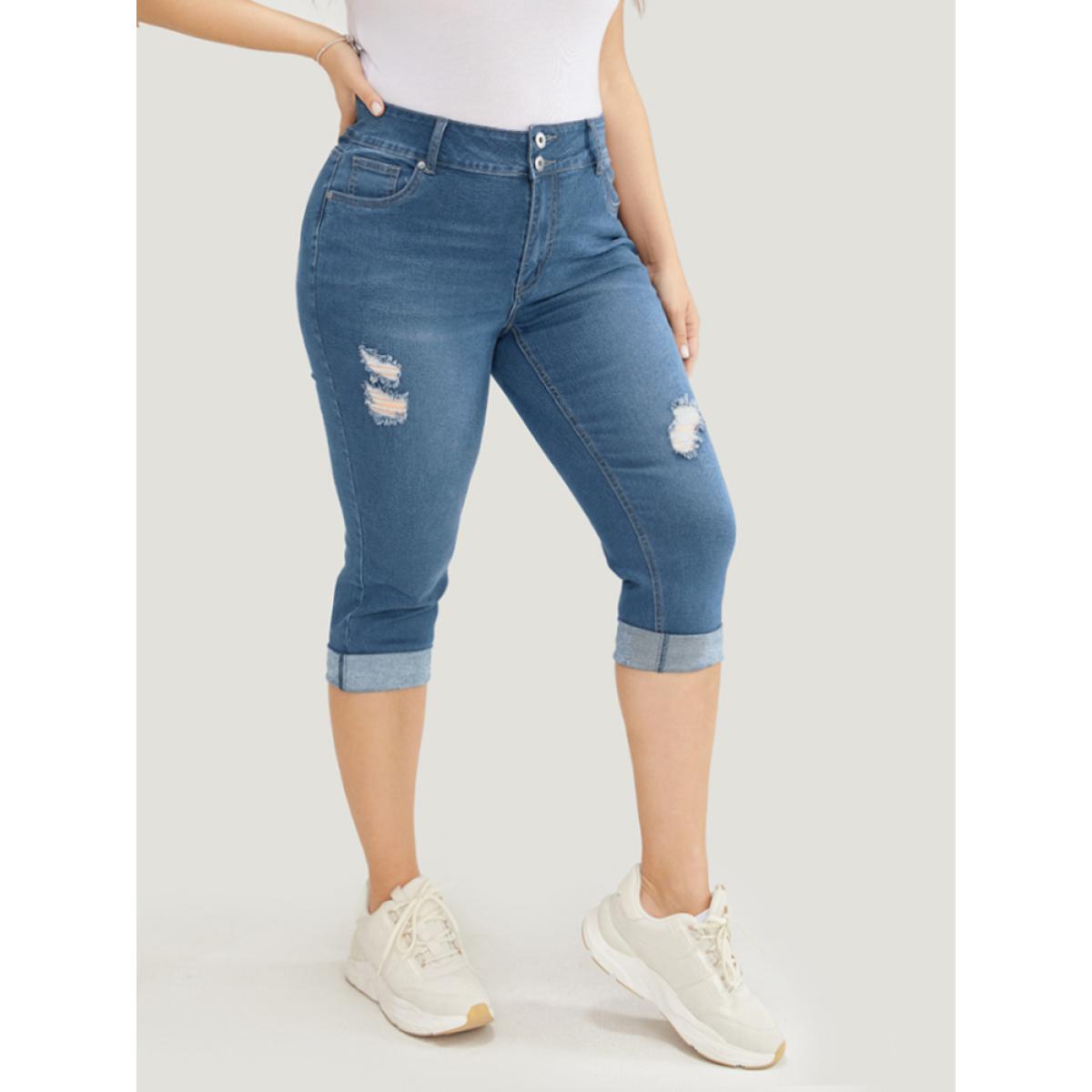 Plus Size Very Stretchy Dark Wash Cuffed Hem Distressed Knee Denim Shorts Women Blue High stretch Dailywear Pocket Casual Denim Shorts BloomChic 16/1X Product Image
