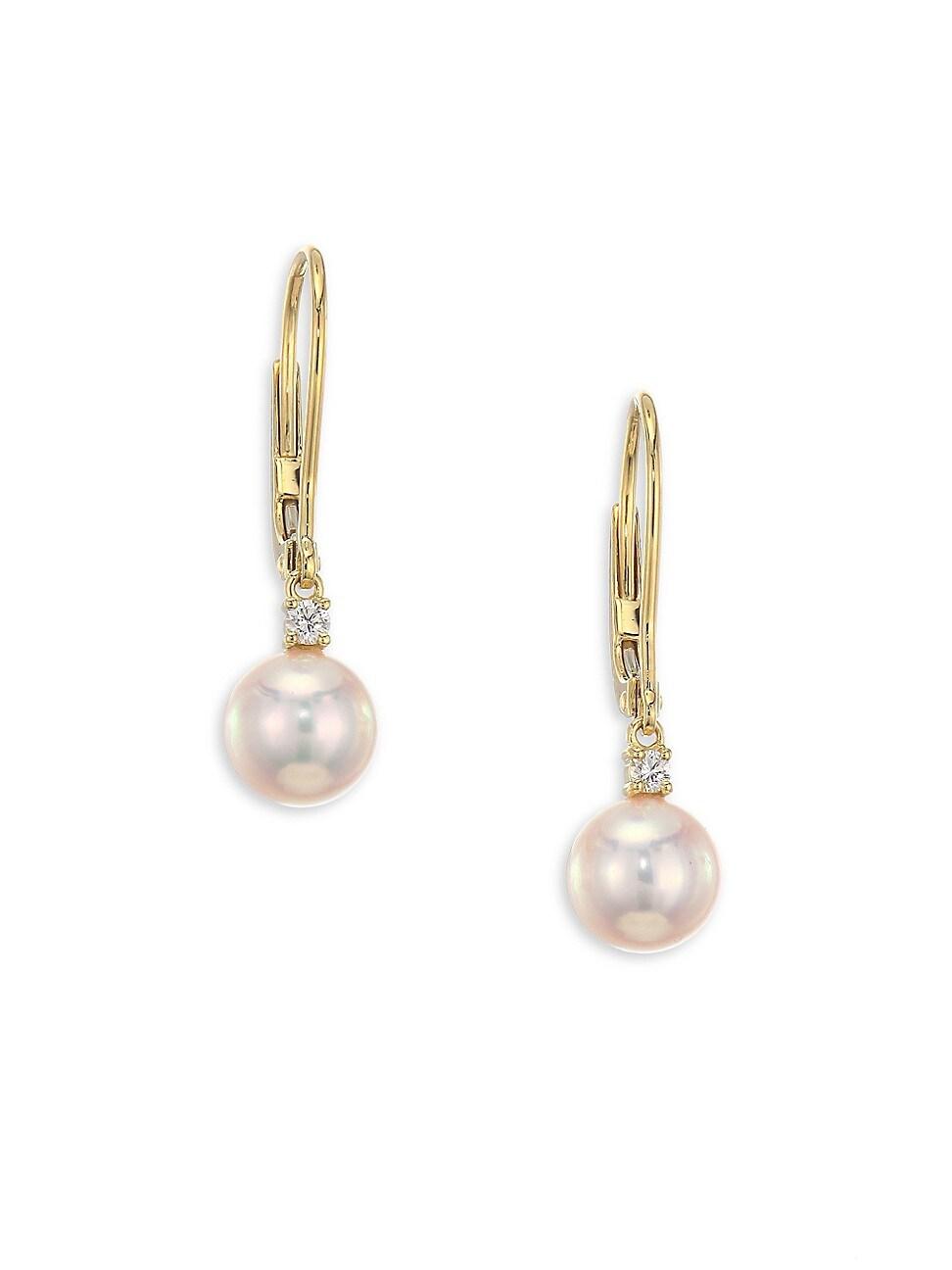 Womens 7MM White Cultured Akoya Pearl, Diamond & 18K Yellow Gold Leverback Earrings Product Image