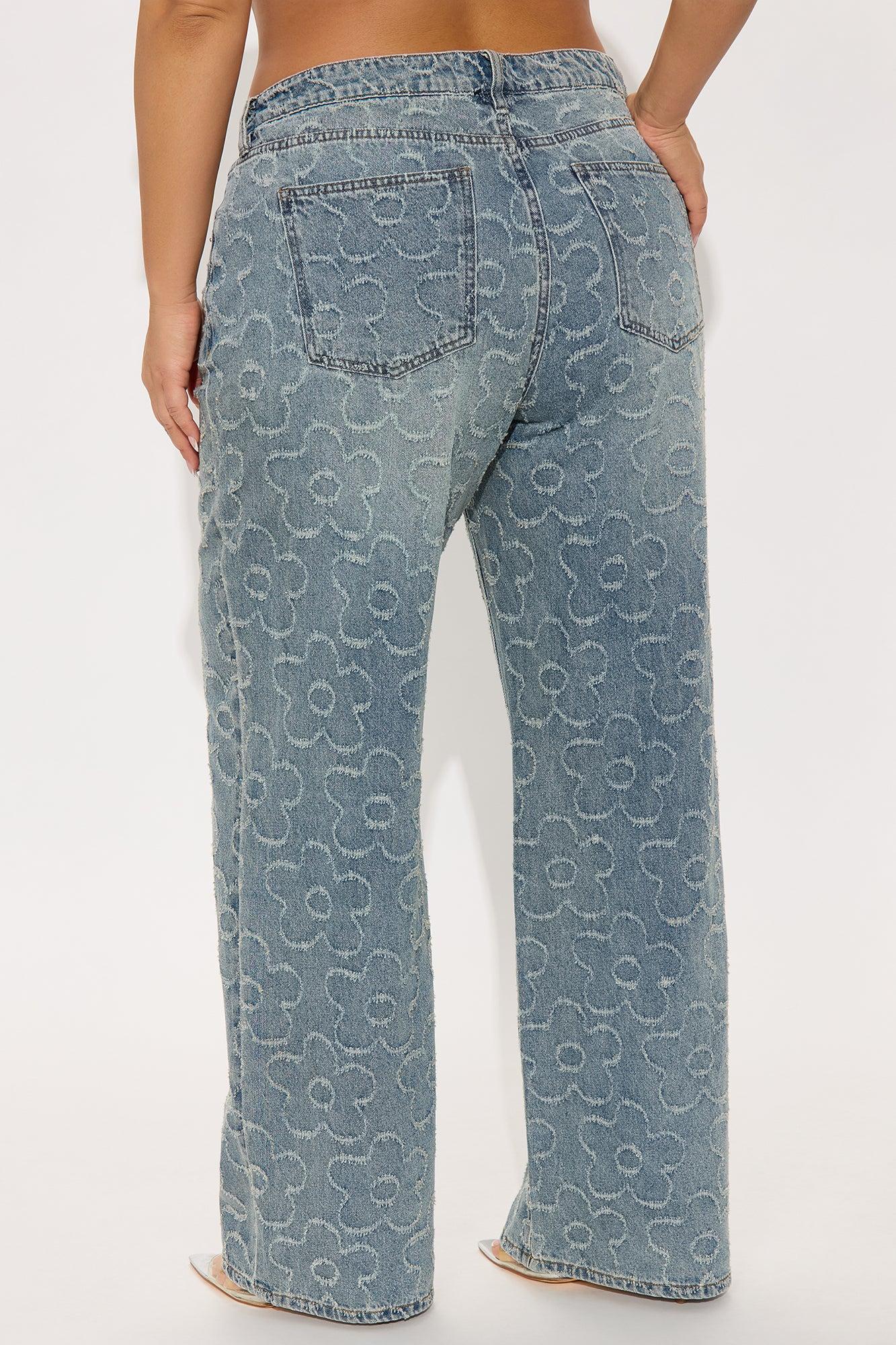Flower Power Jacquard Wide Leg Jeans - Medium Wash Product Image