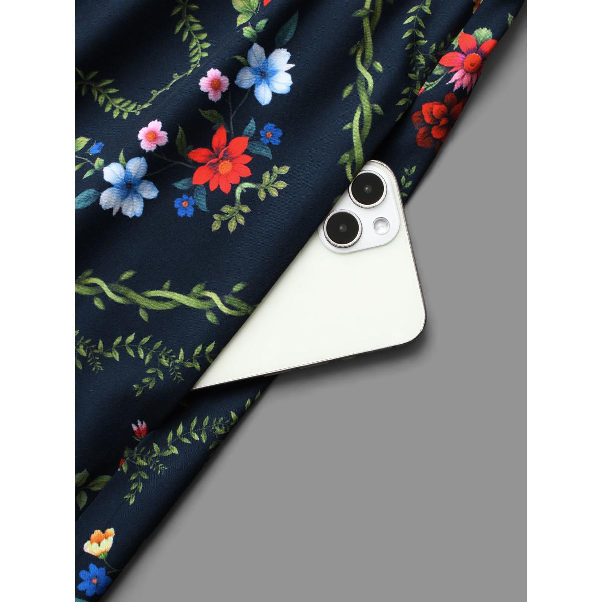 Plus Size Floral Printed Heart neckline Lantern Sleeve Dress DarkBlue Women Elegant Patchwork Heart neckline Long Sleeve Curvy BloomChic 22-24/3X Product Image