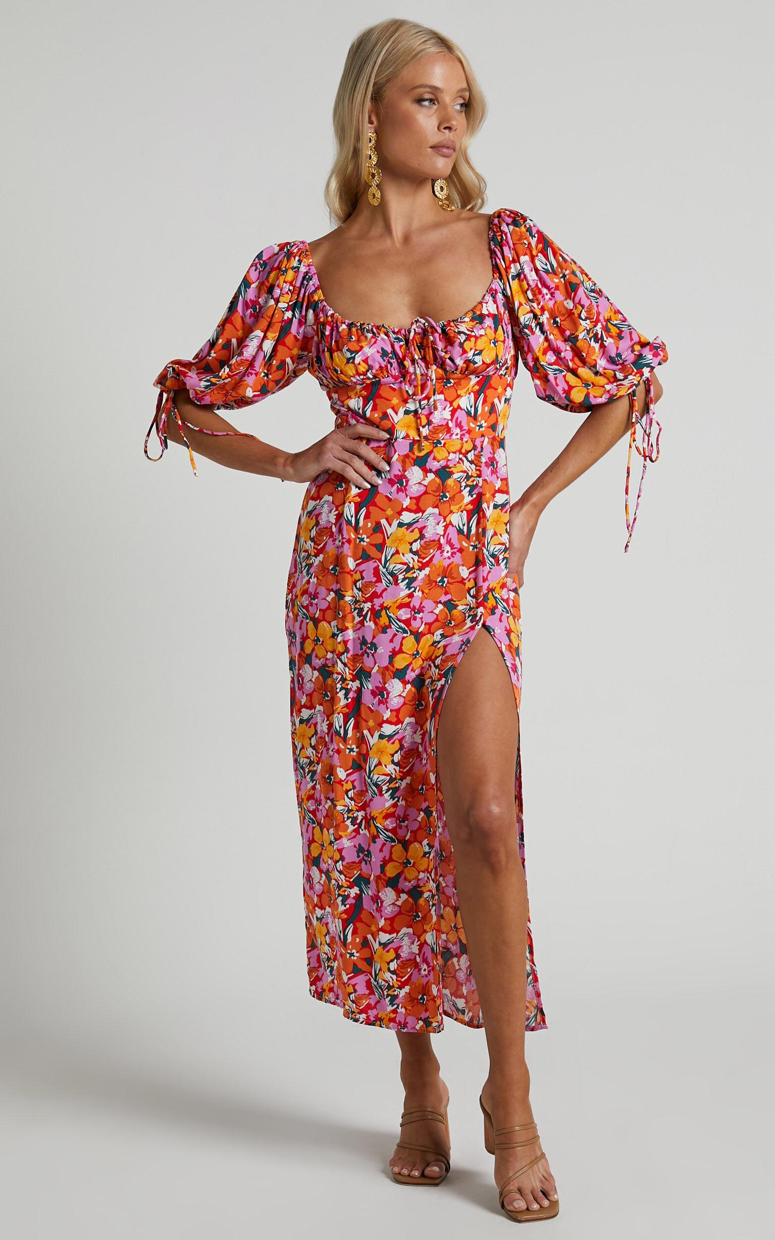 Rosario Midi Dress - Ruched Bust Puff Sleeve Dress in Spring Floral Product Image