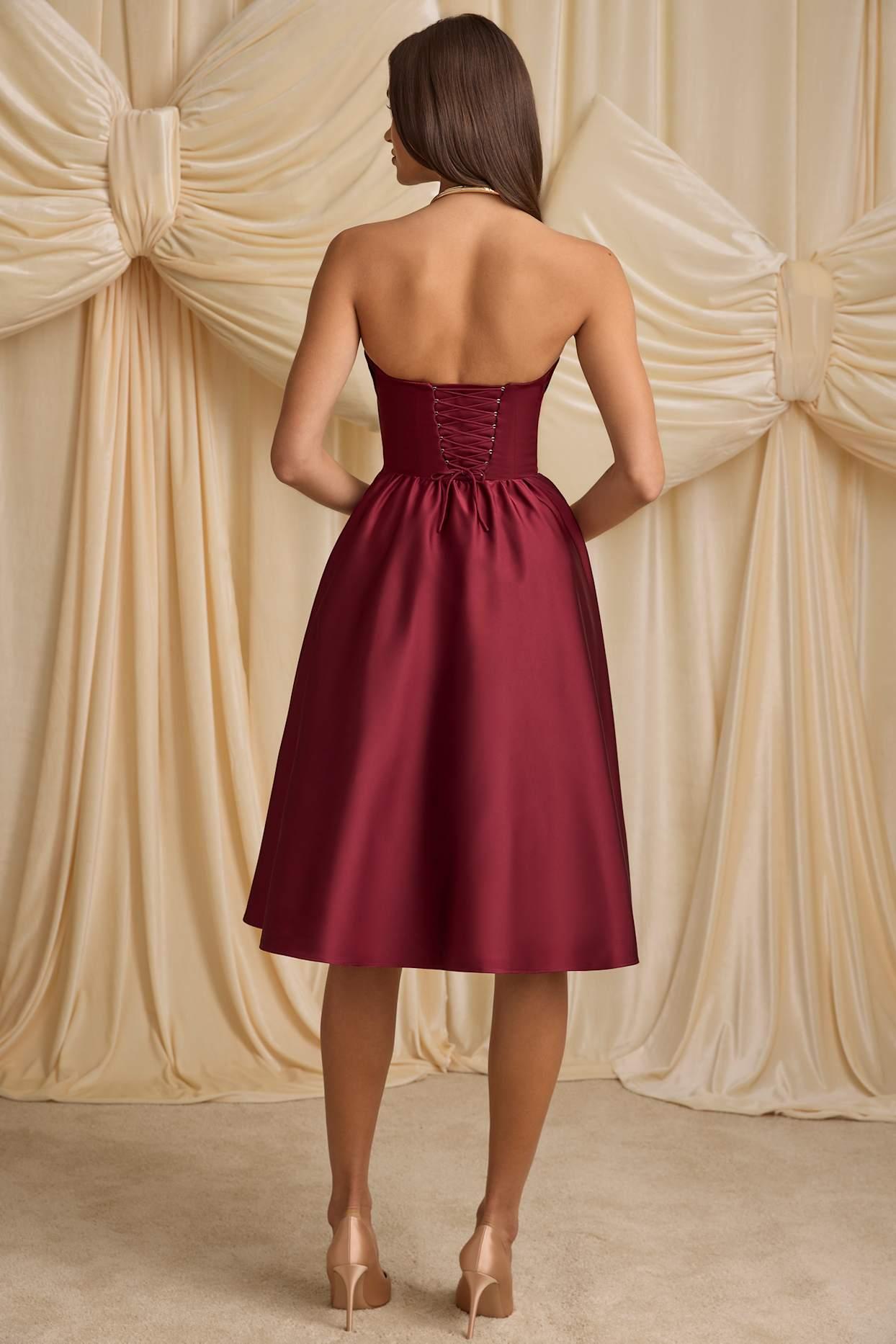 Strapless Corset Midi Dress in Wine Red Product Image