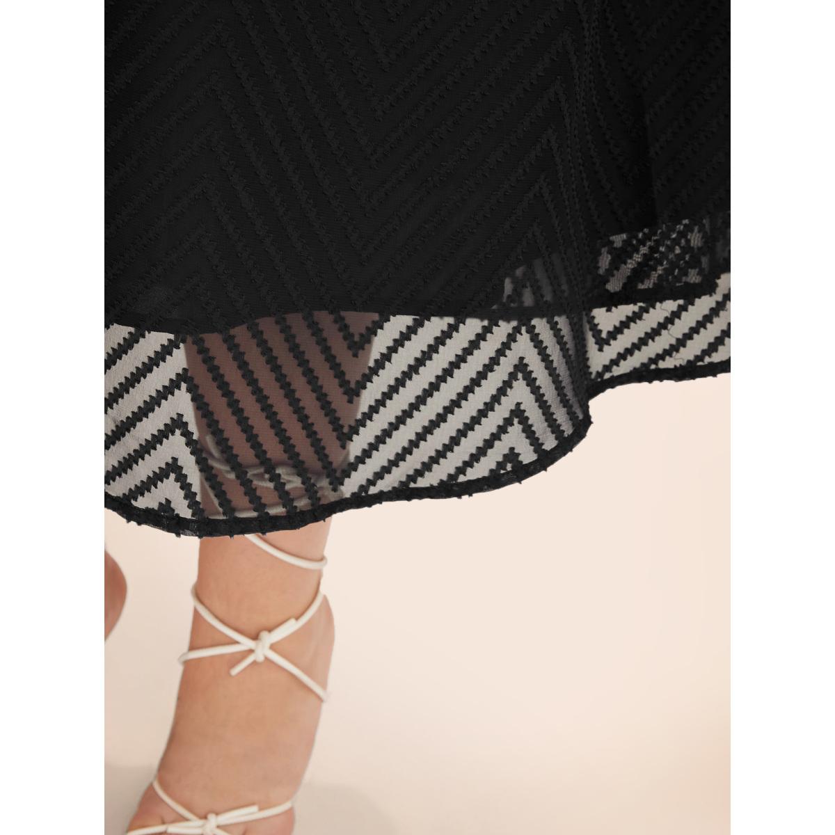 Plus Size Solid Geometric Pocket Mesh Lantern Sleeve Belted Dress Navy Women Office Pocket Flat collar with V-notch Short sleeve Curvy Midi Dress BloomChic 22-24/3X Product Image