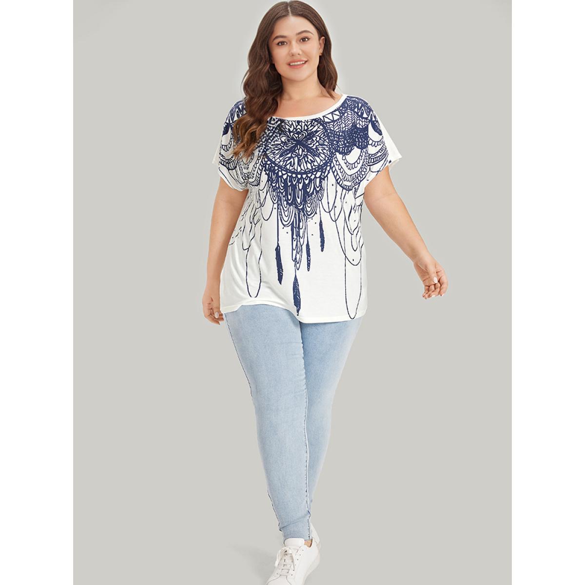 Plus Size Boho Print Batwing Sleeve Crew Neck T-shirt Multicolor Women Casual Printed Bohemian Print Round Neck Dailywear T-shirts BloomChic 14-16/1X Product Image