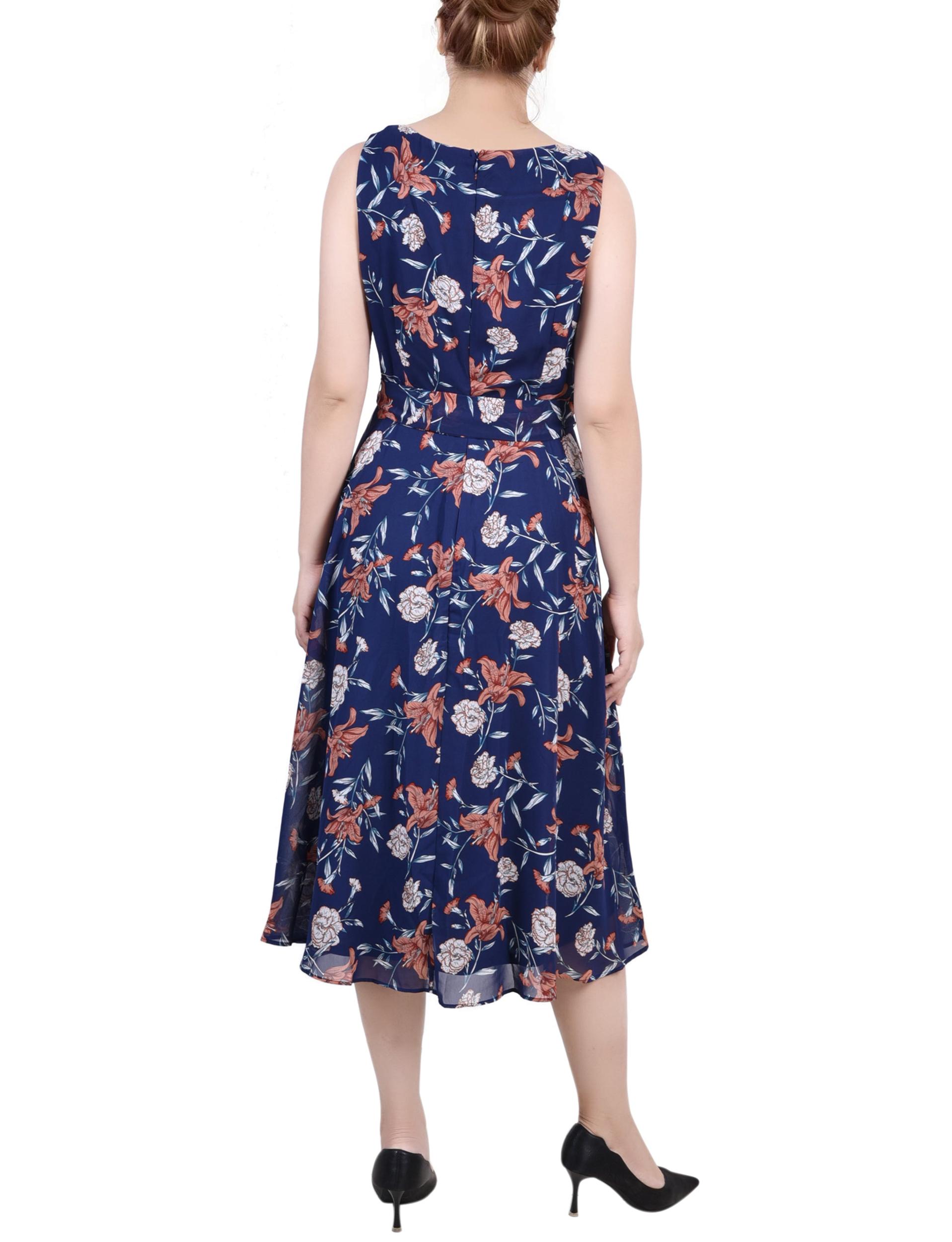 Navy Floral Sleeveless Chiffon Belted Dress Product Image