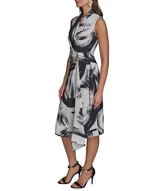 Donna Karan Crepe V-Neck Sleeveless Faux Wrap Midi Dress Product Image