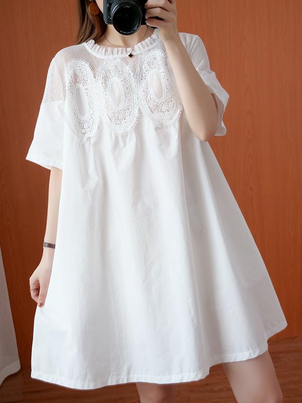 Original Solid Lace Split-Side Short Sleeve A-Line Mini Dress Product Image