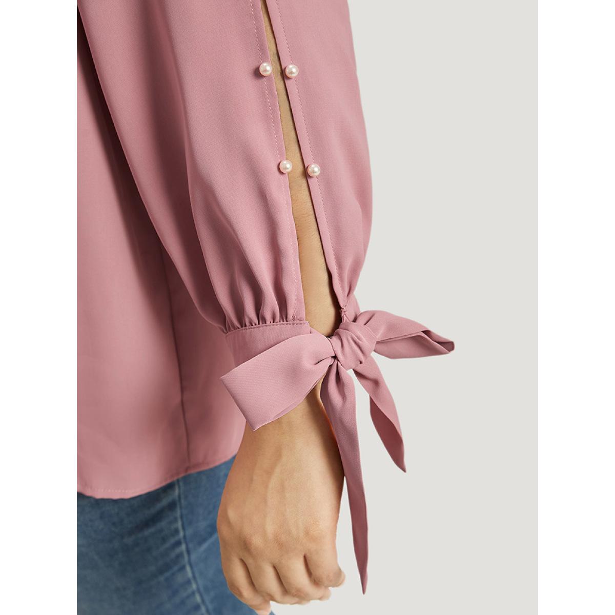 Plus Size DustyPink Plain Pleated Ties Beaded Notched Blouse Women Elegant Long Sleeve Notched collar Dailywear Blouses BloomChic 18-20/2X Product Image