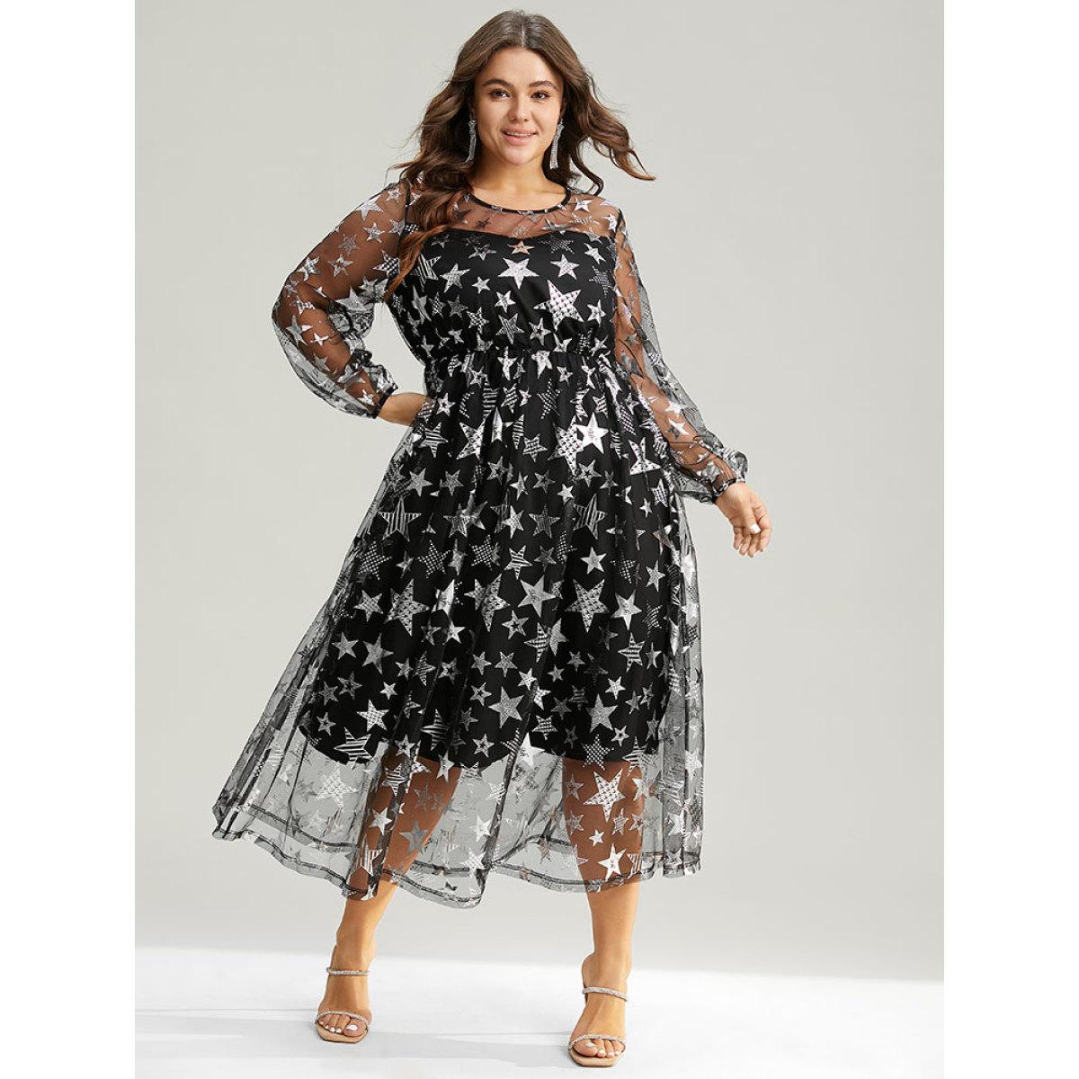 Plus Size Christmas Star Mesh Patchwork Lantern Sleeve Dress Black Women Party Elastic cuffs Round Neck Long Sleeve Curvy Midi Dress BloomChic 12/L Product Image
